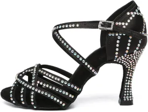 DKZSYIM Women 's Satin Latin Dance Shoes Rhinestone Ballroom Salsa Performance Practice Dancing Shoes,Model YCL356