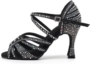 DKZSYIM Women 's Satin Latin Dance Shoes Rhinestone Ballroom Salsa Performance Practice Dancing Shoes,Model YCL356