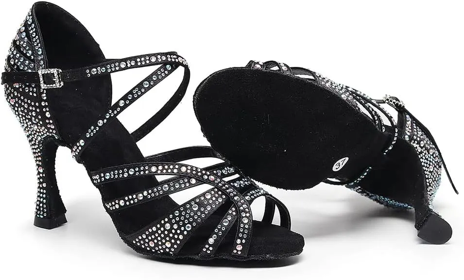 DKZSYIM Women 's Satin Latin Dance Shoes Rhinestone Ballroom Salsa Performance Practice Dancing Shoes,Model YCL356