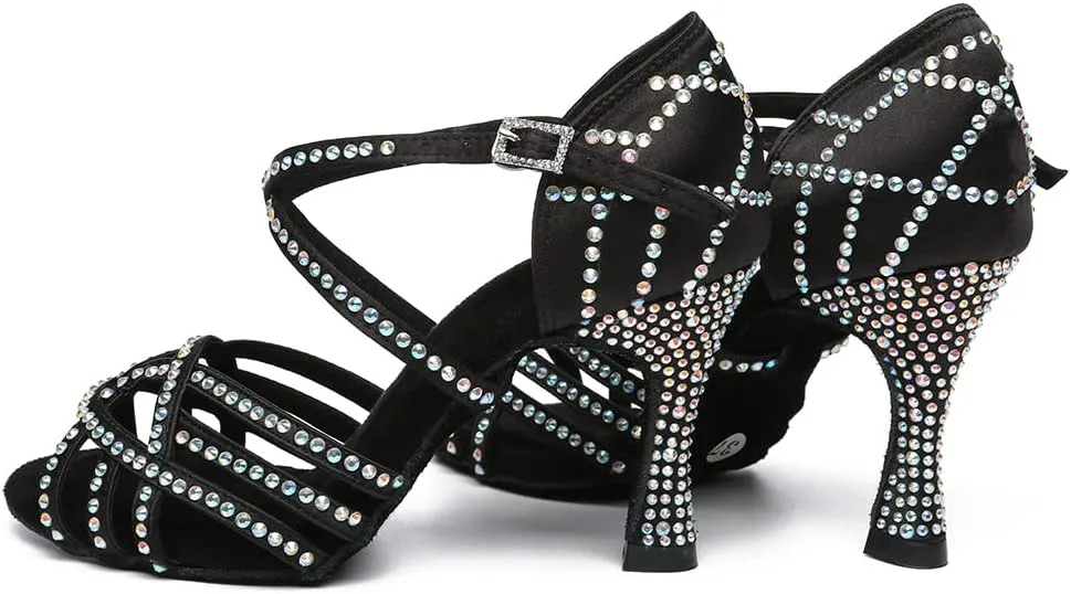 DKZSYIM Women 's Satin Latin Dance Shoes Rhinestone Ballroom Salsa Performance Practice Dancing Shoes,Model YCL356