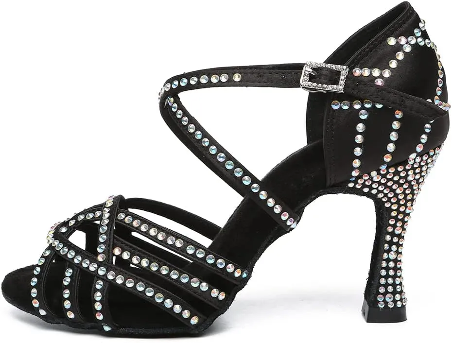 DKZSYIM Women 's Satin Latin Dance Shoes Rhinestone Ballroom Salsa Performance Practice Dancing Shoes,Model YCL356