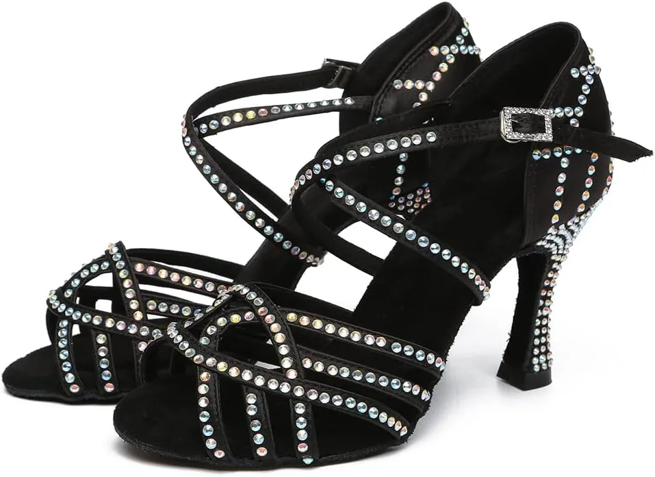 DKZSYIM Women 's Satin Latin Dance Shoes Rhinestone Ballroom Salsa Performance Practice Dancing Shoes,Model YCL356