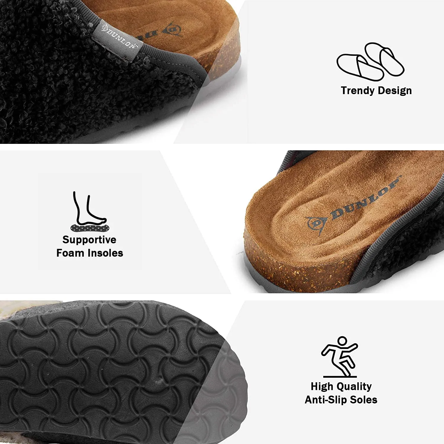 DUNLOP Slippers Warm Fuzzy Slip On Clog Slippers Comfy Mule House Shoes - Womens
