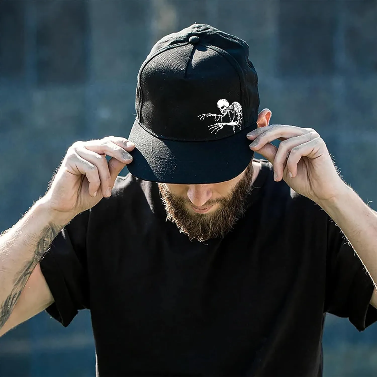 Flat Bill Hats for Men Snapback Hats Skull Skeleton Hat Flat Brim Fitted Hat Adjust Black Baseball Caps for Men