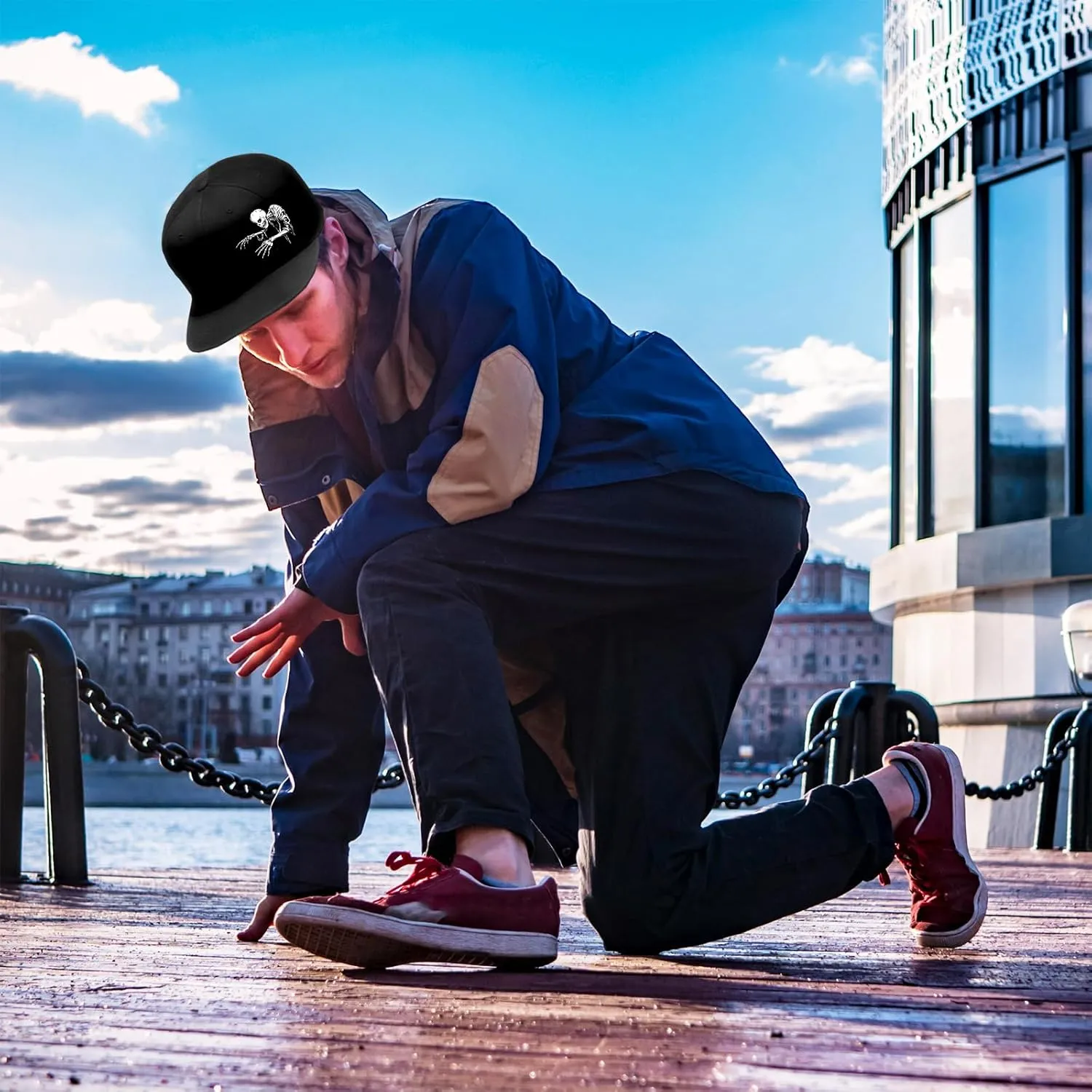 Flat Bill Hats for Men Snapback Hats Skull Skeleton Hat Flat Brim Fitted Hat Adjust Black Baseball Caps for Men