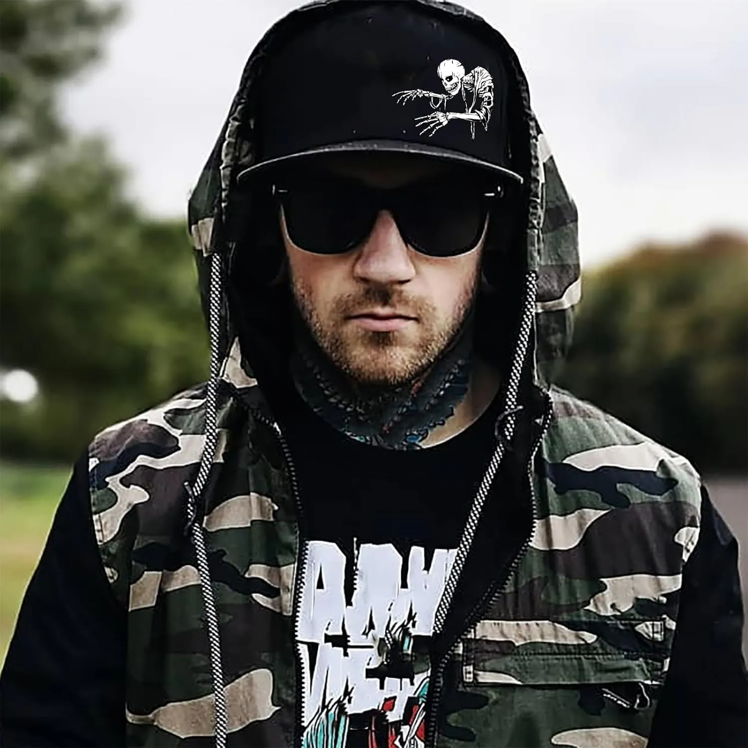 Flat Bill Hats for Men Snapback Hats Skull Skeleton Hat Flat Brim Fitted Hat Adjust Black Baseball Caps for Men