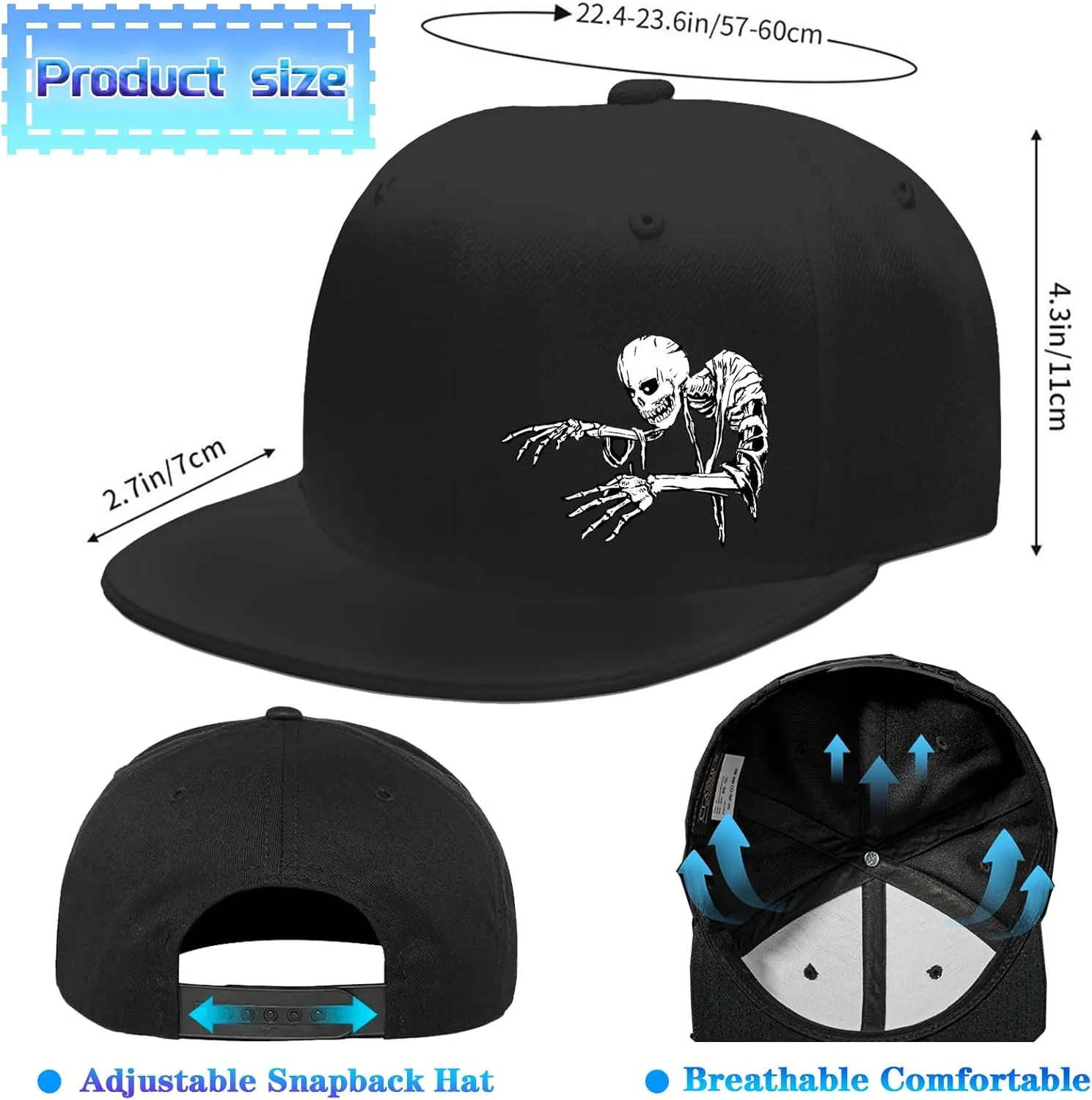 Flat Bill Hats for Men Snapback Hats Skull Skeleton Hat Flat Brim Fitted Hat Adjust Black Baseball Caps for Men