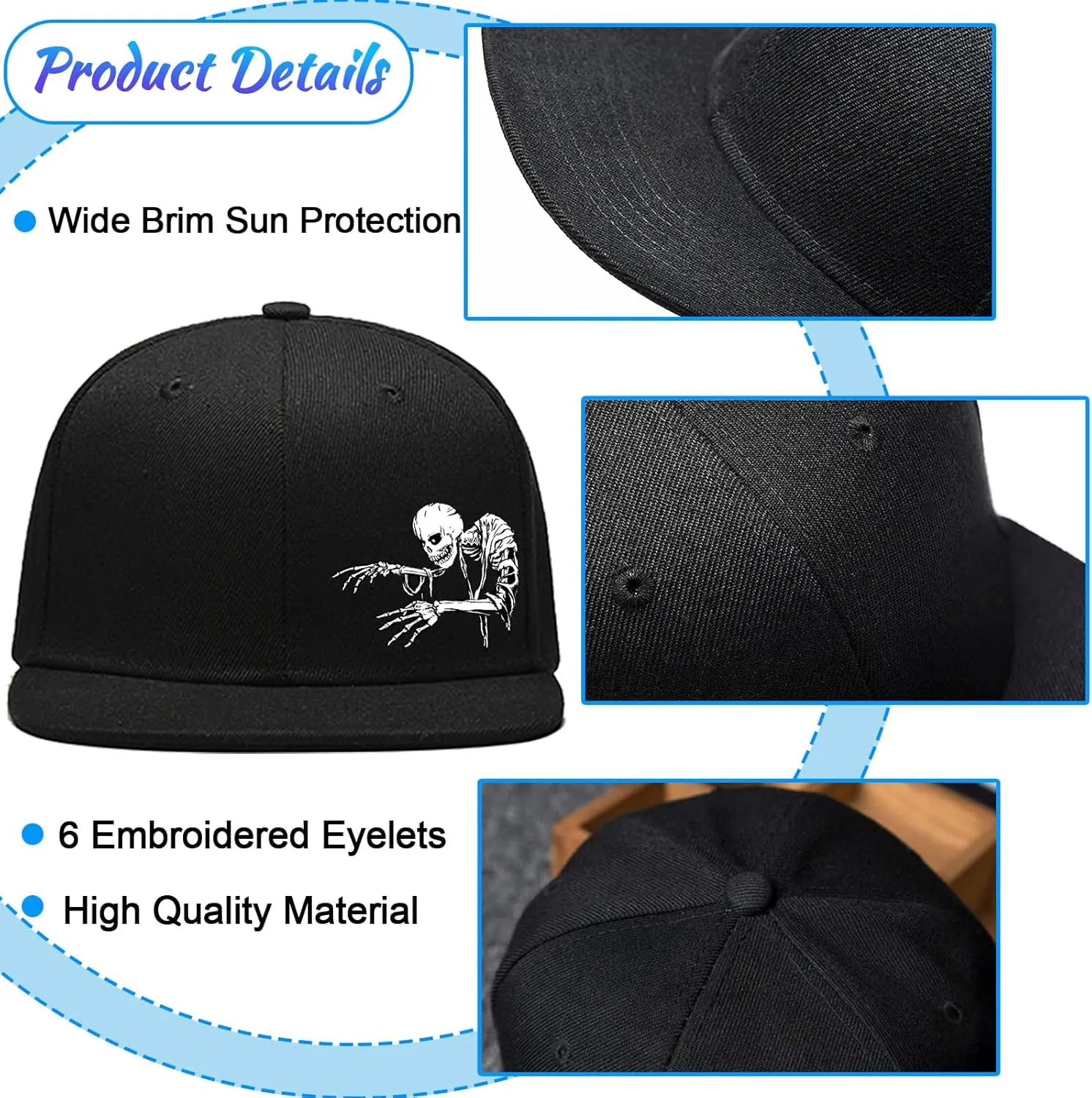 Flat Bill Hats for Men Snapback Hats Skull Skeleton Hat Flat Brim Fitted Hat Adjust Black Baseball Caps for Men