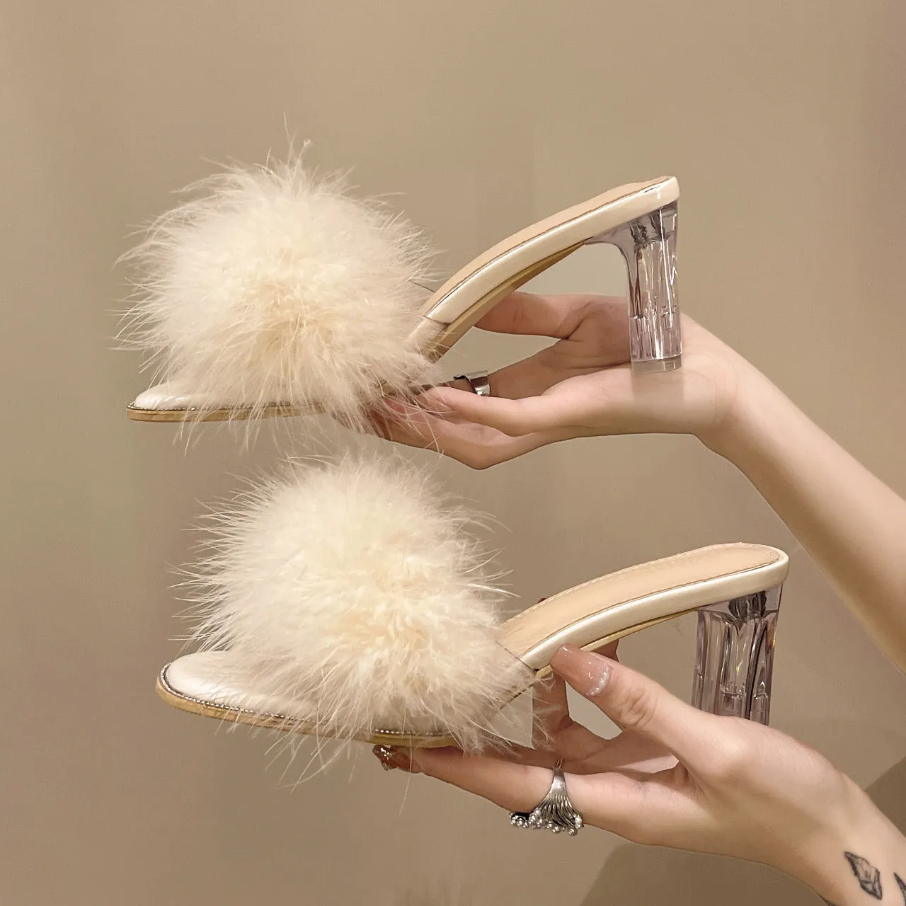 Furry Style French Thick Heel Slipper Sandals