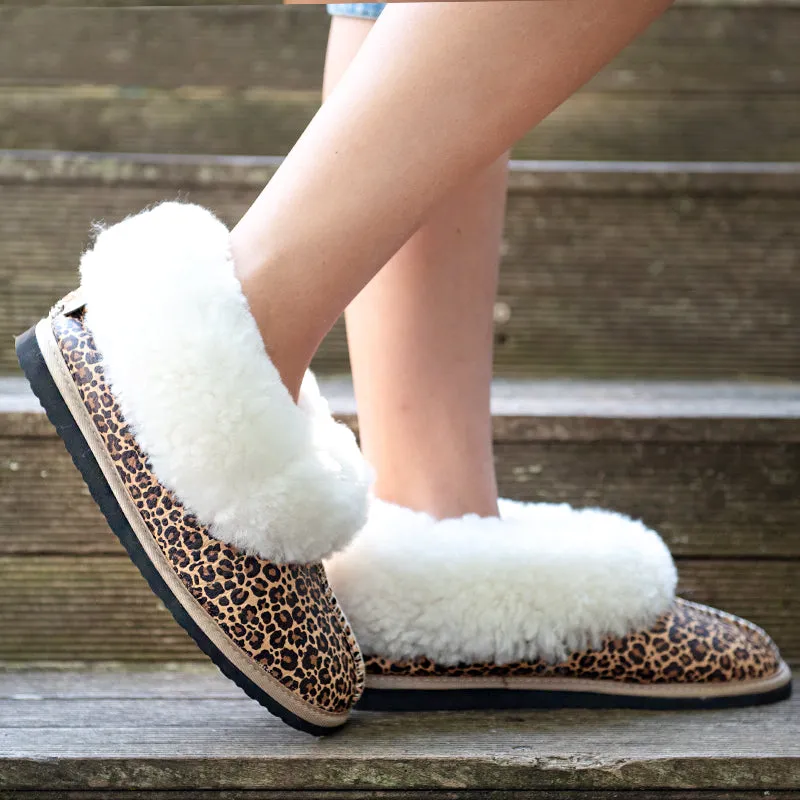 GENUINE LEATHER SHEEPSKIN SLIPPERS - Leopard Print