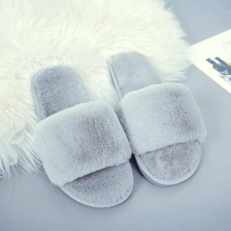 GHJIOL Winter Women House Slippers Faux Fur Warm Flat Shoes Female Slip On Home Furry Ladies Slippers Size 36-43 Wholesale