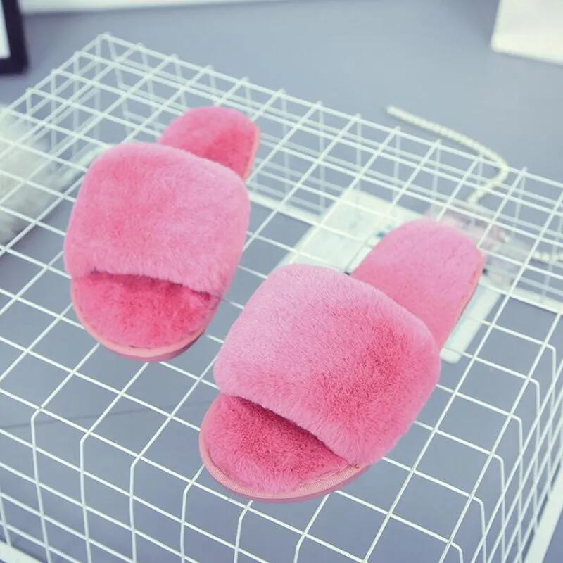 GHJIOL Winter Women House Slippers Faux Fur Warm Flat Shoes Female Slip On Home Furry Ladies Slippers Size 36-43 Wholesale