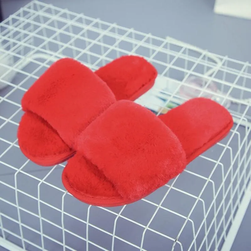 GHJIOL Winter Women House Slippers Faux Fur Warm Flat Shoes Female Slip On Home Furry Ladies Slippers Size 36-43 Wholesale