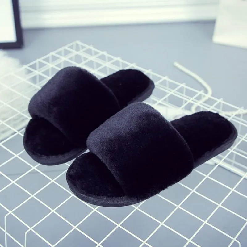 GHJIOL Winter Women House Slippers Faux Fur Warm Flat Shoes Female Slip On Home Furry Ladies Slippers Size 36-43 Wholesale