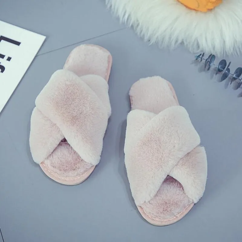 GHJIOL Winter Women House Slippers Faux Fur Warm Flat Shoes Female Slip On Home Furry Ladies Slippers Size 36-43 Wholesale