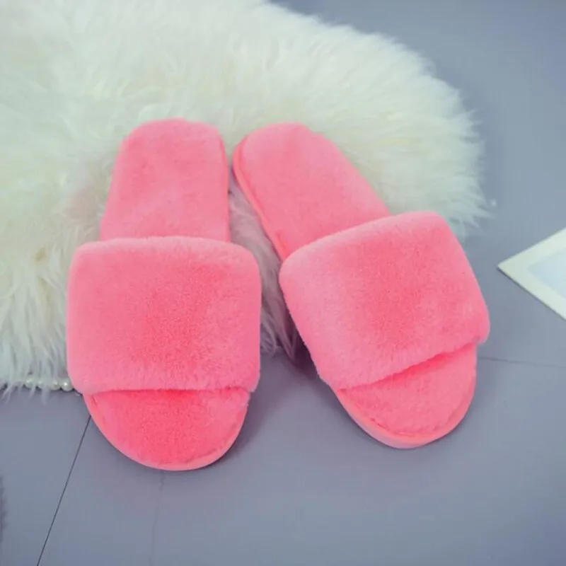 GHJIOL Winter Women House Slippers Faux Fur Warm Flat Shoes Female Slip On Home Furry Ladies Slippers Size 36-43 Wholesale