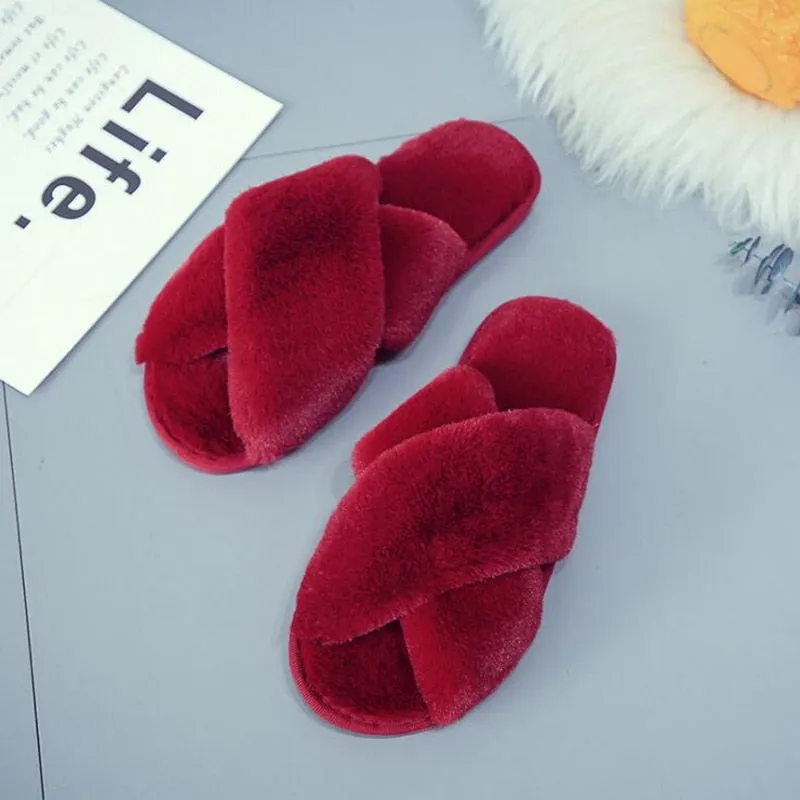 GHJIOL Winter Women House Slippers Faux Fur Warm Flat Shoes Female Slip On Home Furry Ladies Slippers Size 36-43 Wholesale