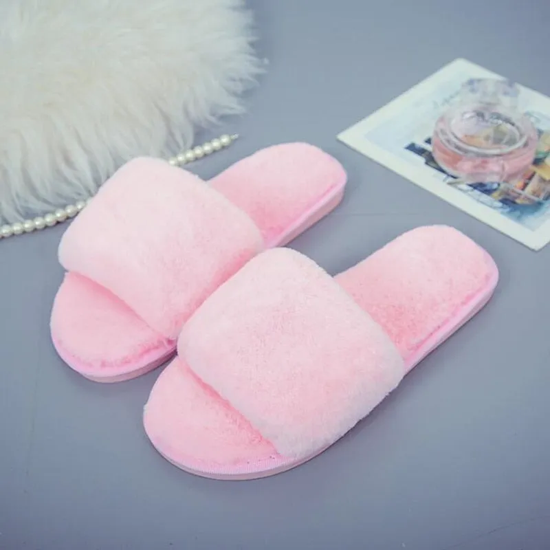 GHJIOL Winter Women House Slippers Faux Fur Warm Flat Shoes Female Slip On Home Furry Ladies Slippers Size 36-43 Wholesale
