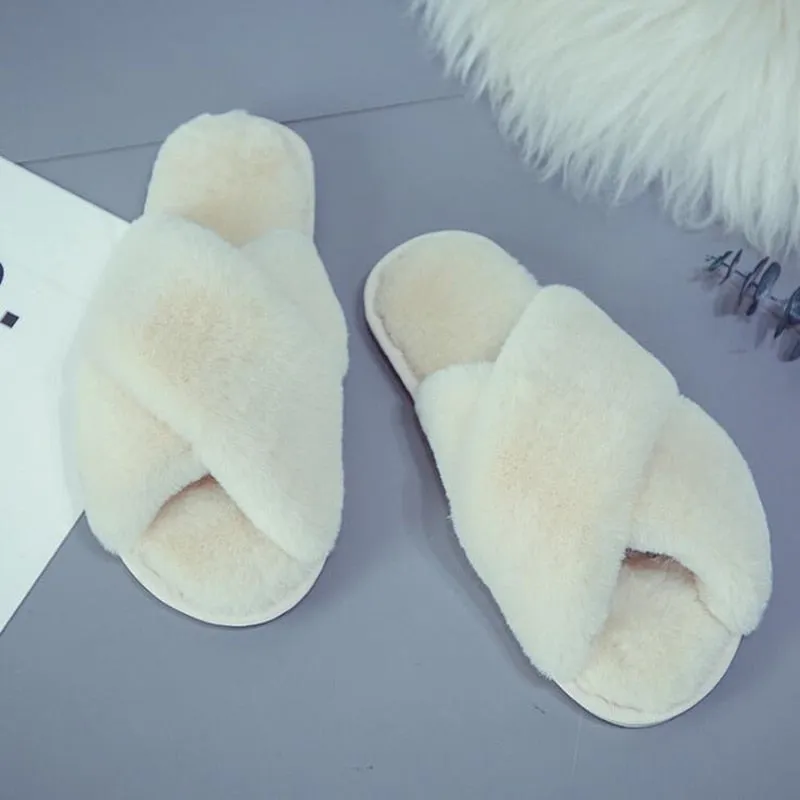 GHJIOL Winter Women House Slippers Faux Fur Warm Flat Shoes Female Slip On Home Furry Ladies Slippers Size 36-43 Wholesale