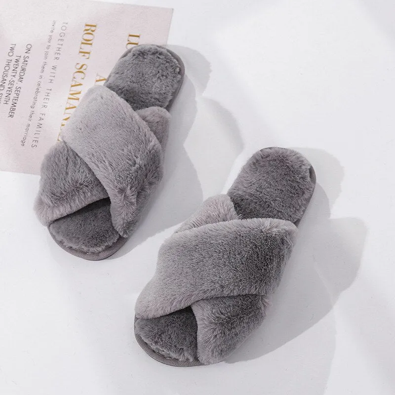 GHJIOL Winter Women House Slippers Faux Fur Warm Flat Shoes Female Slip On Home Furry Ladies Slippers Size 36-43 Wholesale
