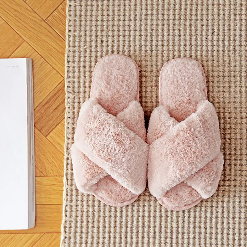 GHJIOL Winter Women House Slippers Faux Fur Warm Flat Shoes Female Slip On Home Furry Ladies Slippers Size 36-43 Wholesale