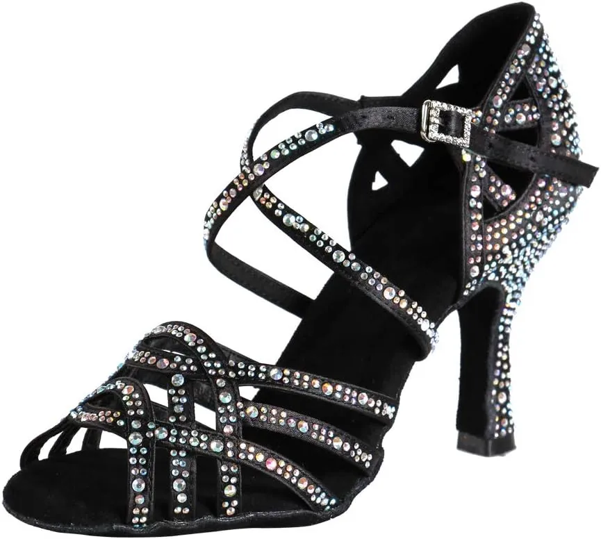 HROYL Women Rhinestone Ballroom Dance Shoes Latin Salsa Practice Performance Dance Shoes YCL357