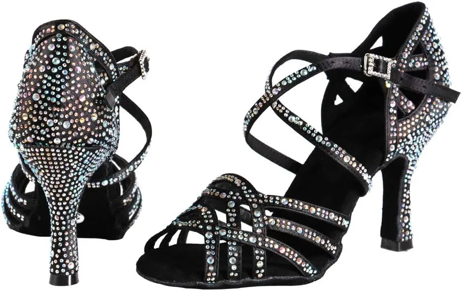 HROYL Women Rhinestone Ballroom Dance Shoes Latin Salsa Practice Performance Dance Shoes YCL357