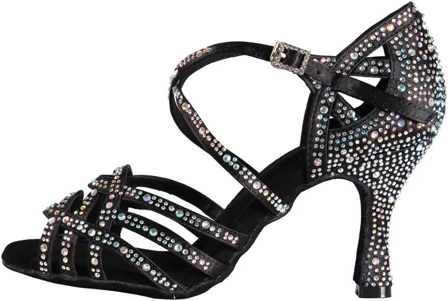 HROYL Women Rhinestone Ballroom Dance Shoes Latin Salsa Practice Performance Dance Shoes YCL357