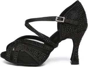 HROYL Women Rhinestone Ballroom Dance Shoes Latin Salsa Practice Performance Dance Shoes YCL490