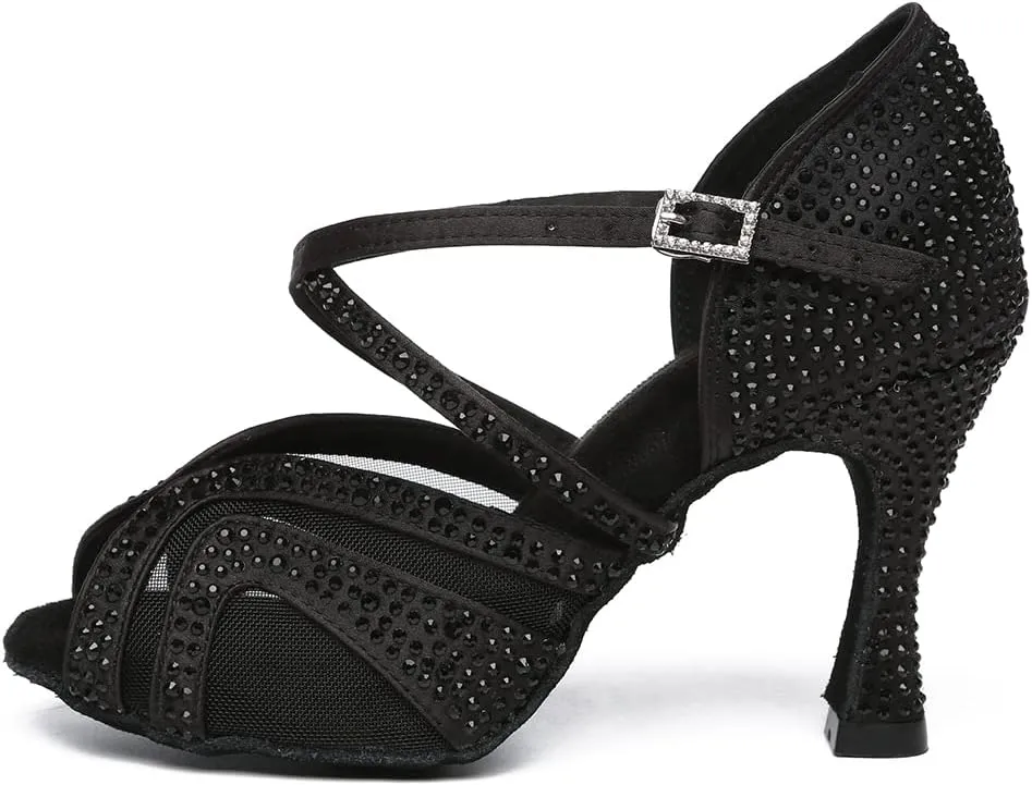 HROYL Women Rhinestone Ballroom Dance Shoes Latin Salsa Practice Performance Dance Shoes YCL490