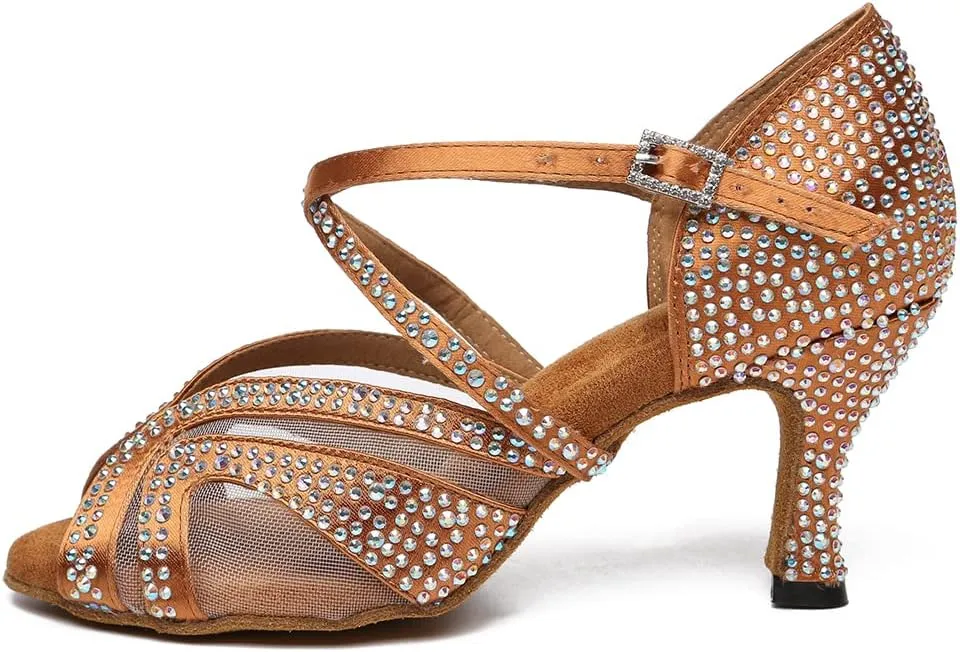 HROYL Women Rhinestone Ballroom Dance Shoes Latin Salsa Practice Performance Dance Shoes YCL490
