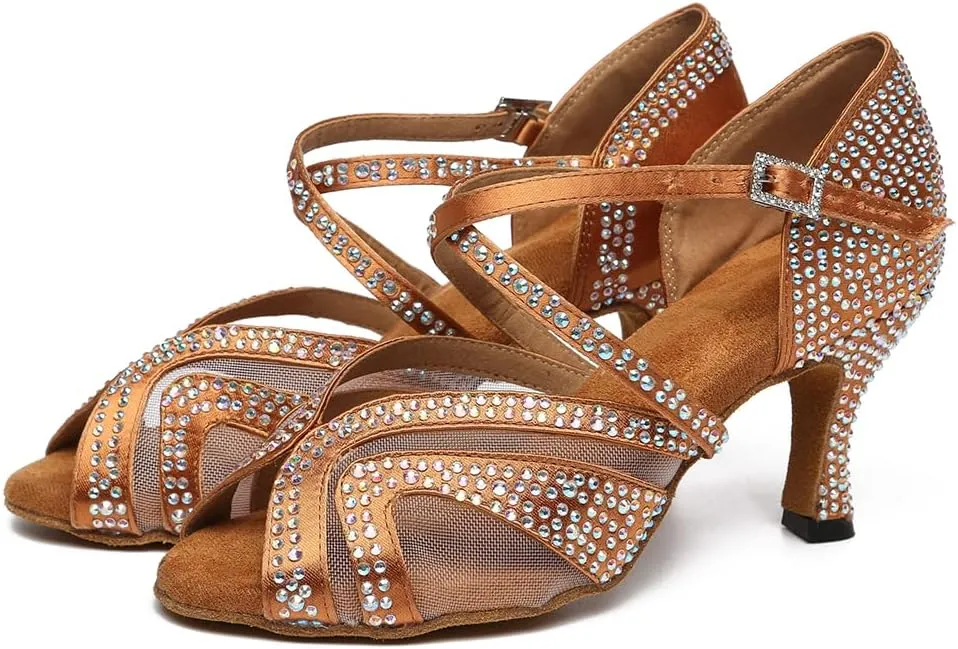 HROYL Women Rhinestone Ballroom Dance Shoes Latin Salsa Practice Performance Dance Shoes YCL490