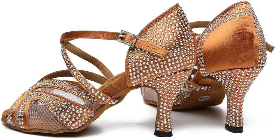 HROYL Women Rhinestone Ballroom Dance Shoes Latin Salsa Practice Performance Dance Shoes YCL490