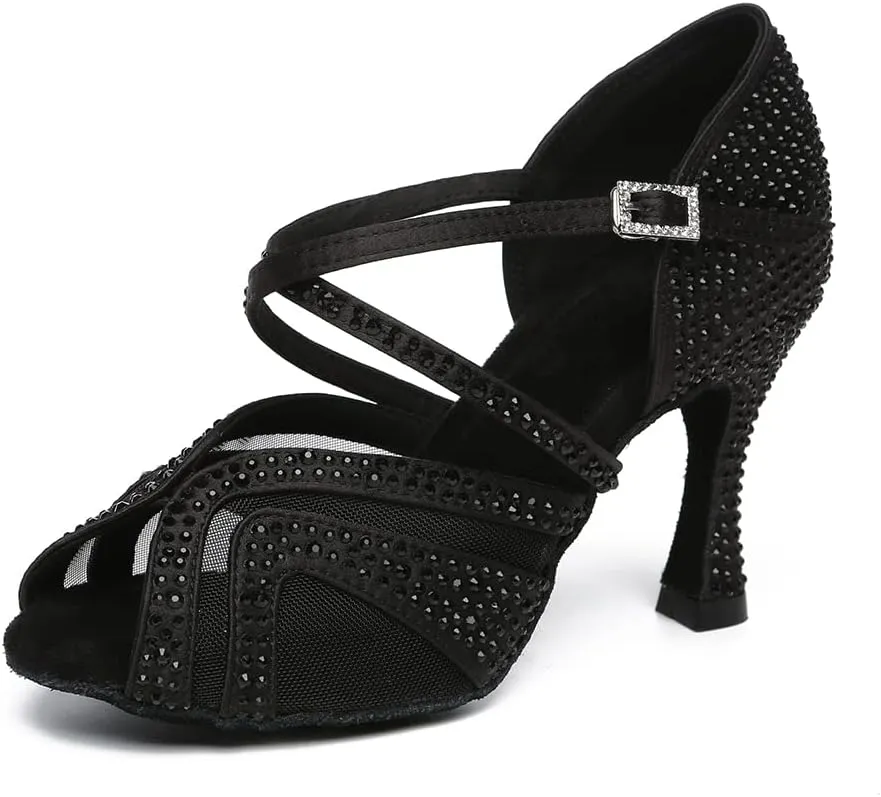 HROYL Women Rhinestone Ballroom Dance Shoes Latin Salsa Practice Performance Dance Shoes YCL490