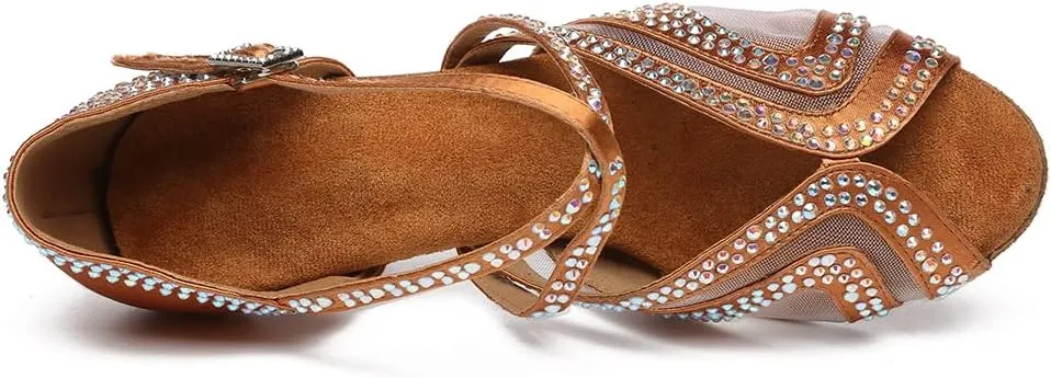 HROYL Women Rhinestone Ballroom Dance Shoes Latin Salsa Practice Performance Dance Shoes YCL490