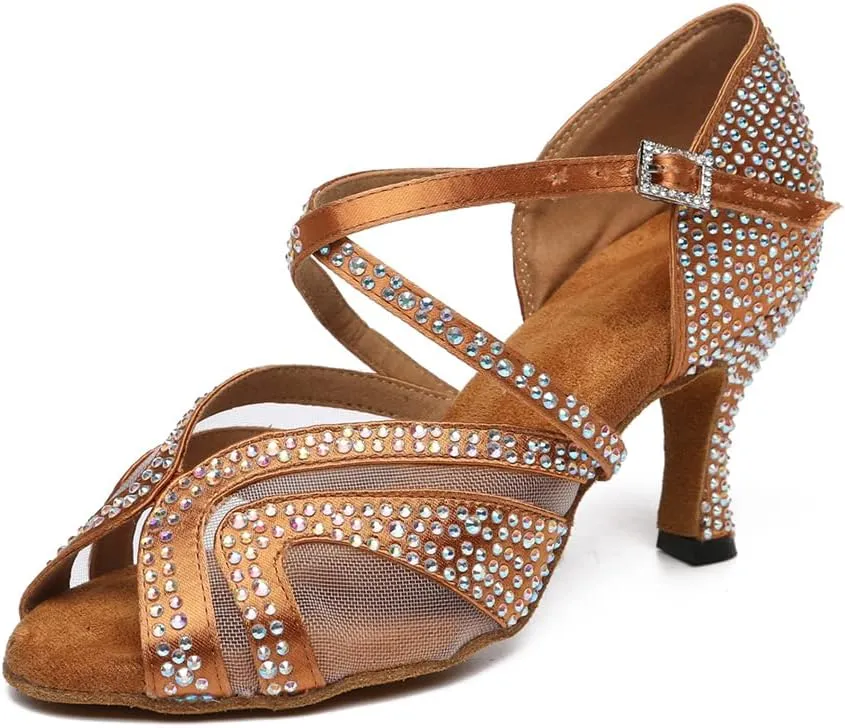 HROYL Women Rhinestone Ballroom Dance Shoes Latin Salsa Practice Performance Dance Shoes YCL490
