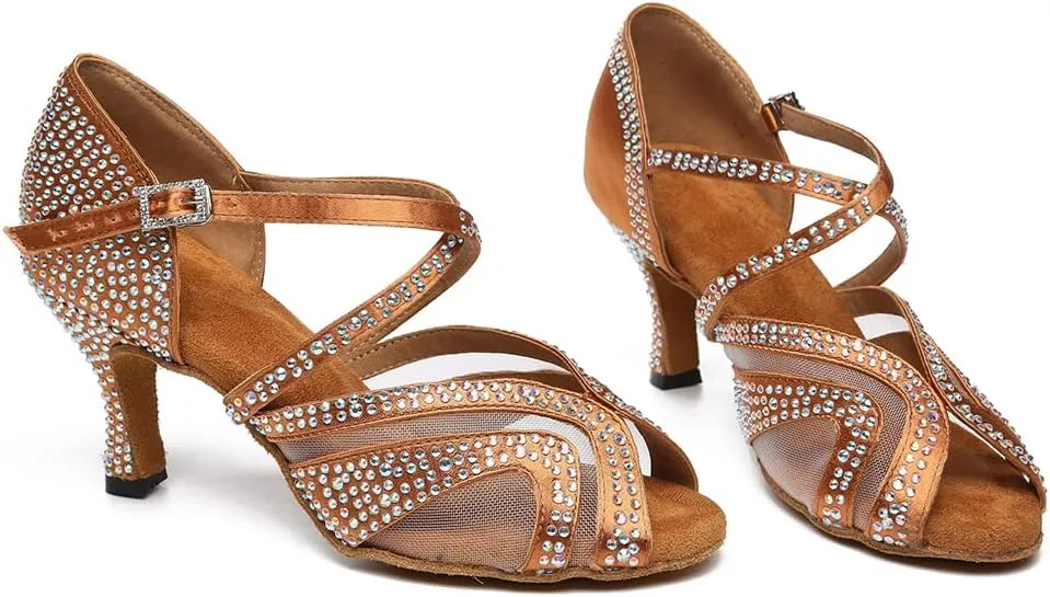 HROYL Women Rhinestone Ballroom Dance Shoes Latin Salsa Practice Performance Dance Shoes YCL490
