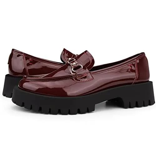 ISOMEI Women's Chunky Heel Loafers Platform Patent Leather Chunky Loafers Oxfords Shoes with Metal(Red,11)