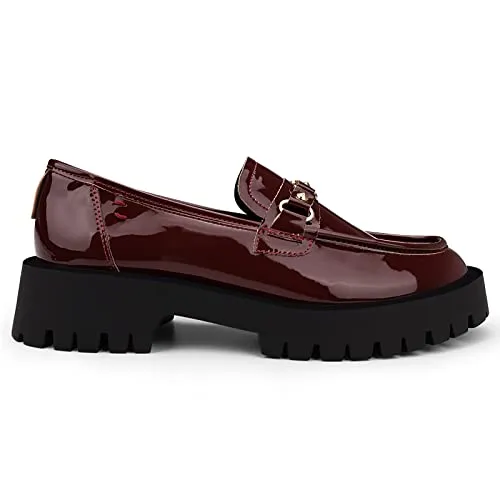 ISOMEI Women's Chunky Heel Loafers Platform Patent Leather Chunky Loafers Oxfords Shoes with Metal(Red,11)