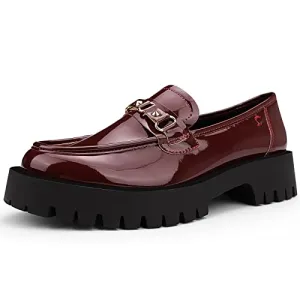 ISOMEI Women's Chunky Heel Loafers Platform Patent Leather Chunky Loafers Oxfords Shoes with Metal(Red,11)