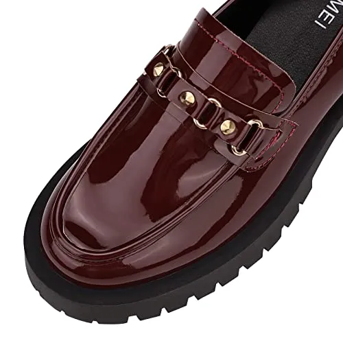 ISOMEI Women's Chunky Heel Loafers Platform Patent Leather Chunky Loafers Oxfords Shoes with Metal(Red,11)