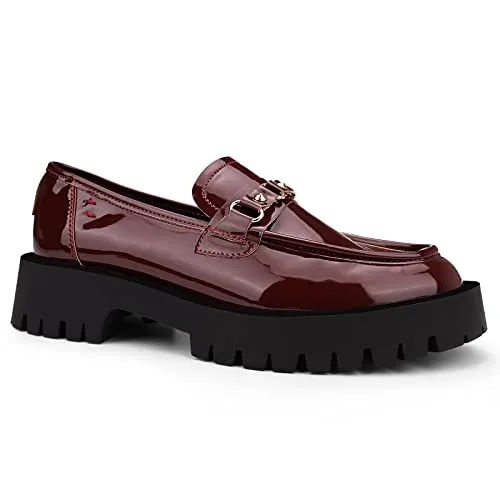 ISOMEI Women's Chunky Heel Loafers Platform Patent Leather Chunky Loafers Oxfords Shoes with Metal(Red,11)