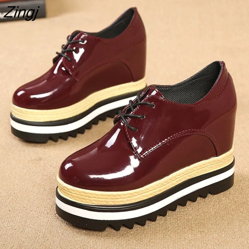 kamames Brand Spring Casual Solid Women Shoes Patent Leather Lace-Up Loafers Platforms Sneakers British Style Ladies Oxfords W4