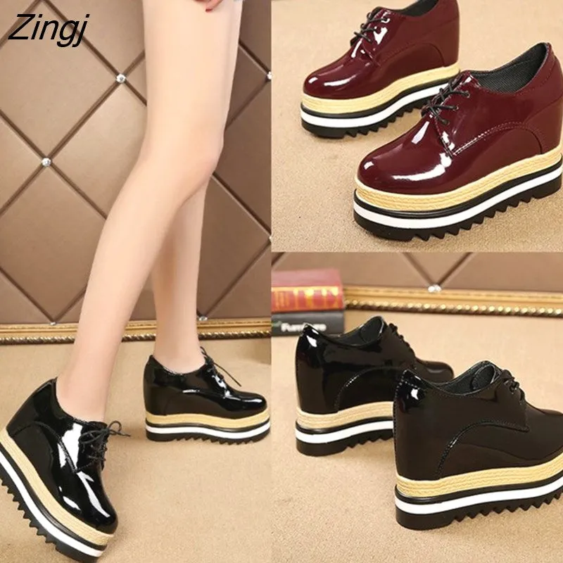 kamames Brand Spring Casual Solid Women Shoes Patent Leather Lace-Up Loafers Platforms Sneakers British Style Ladies Oxfords W4