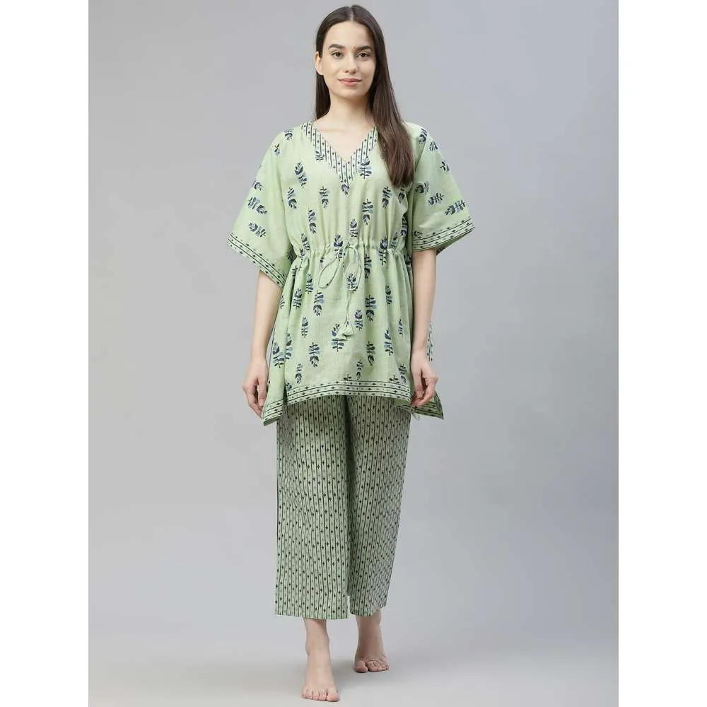 Laado Green Floral Print Pure Cotton Kaftan Night Suit (Set of 2)