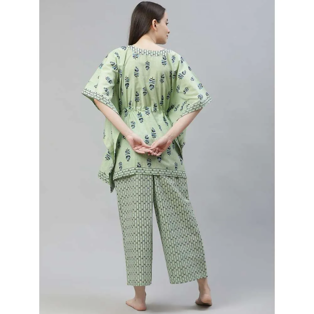 Laado Green Floral Print Pure Cotton Kaftan Night Suit (Set of 2)