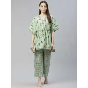 Laado Green Floral Print Pure Cotton Kaftan Night Suit (Set of 2)