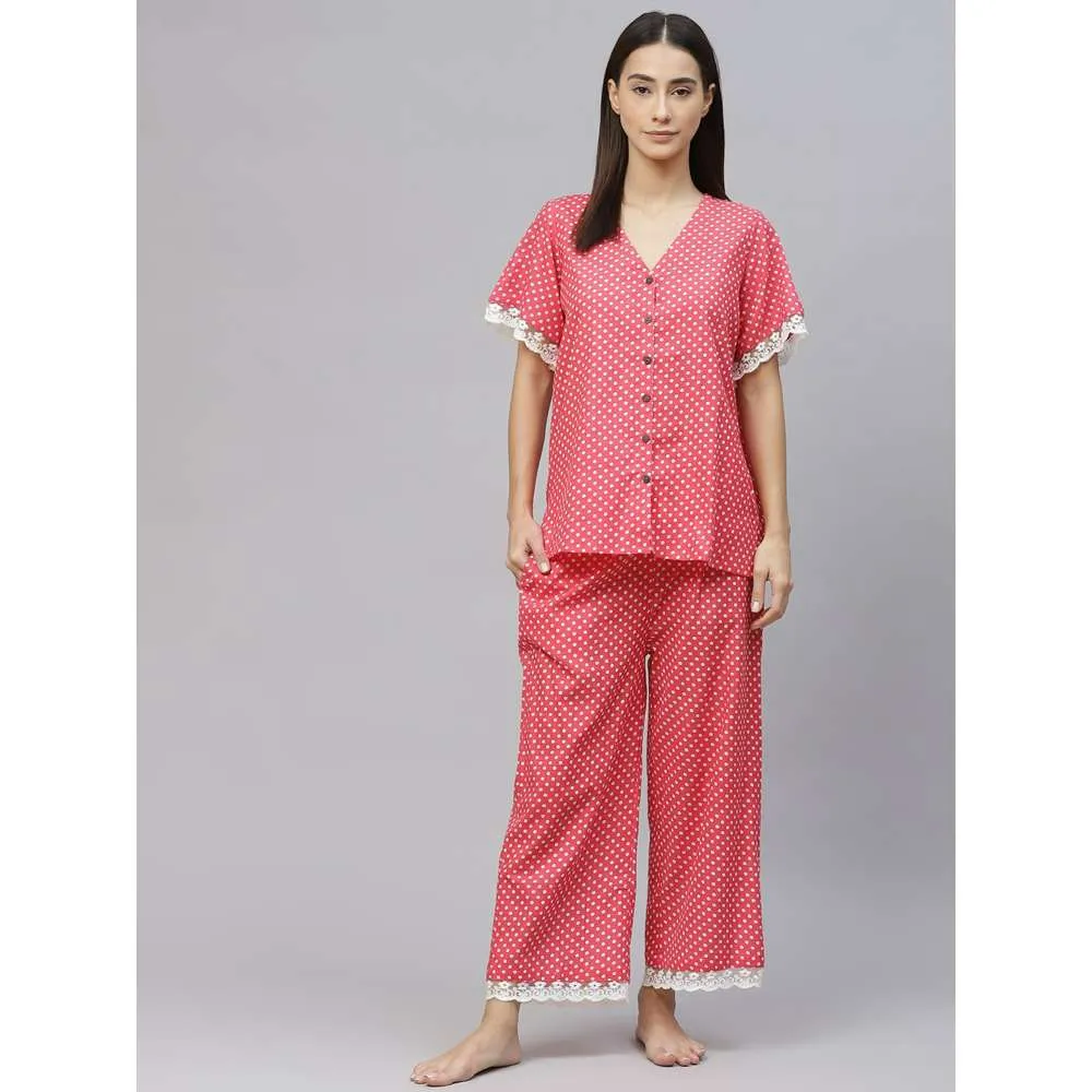 Laado Red Dotted Night Suit with Lace Details (Set of 2)