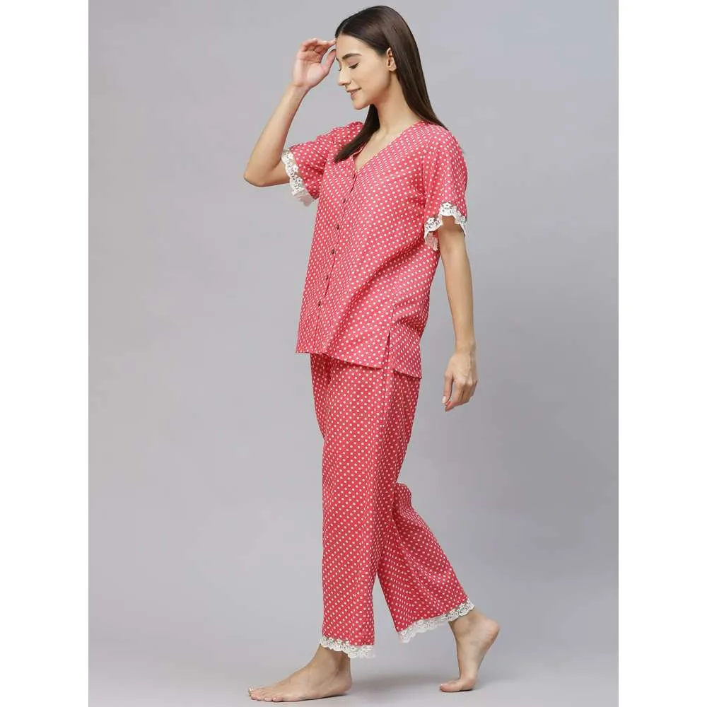 Laado Red Dotted Night Suit with Lace Details (Set of 2)