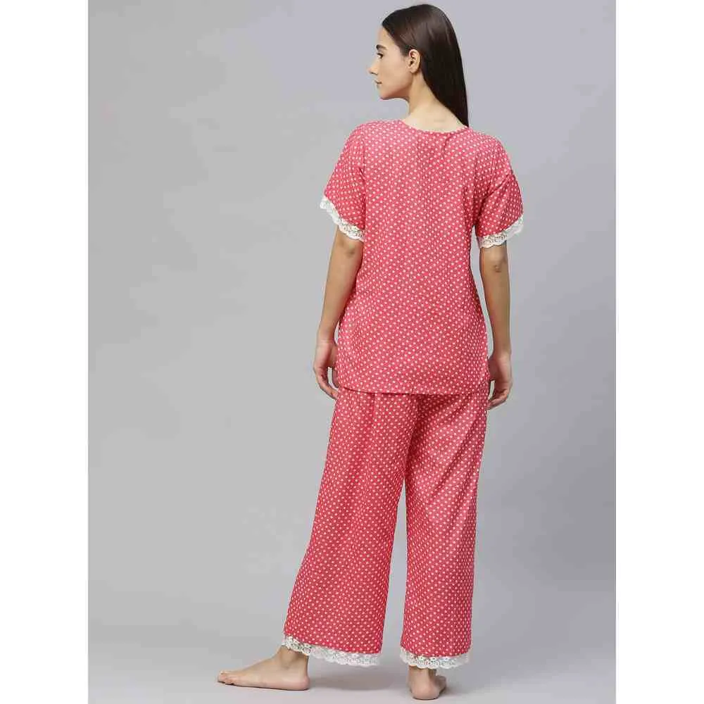 Laado Red Dotted Night Suit with Lace Details (Set of 2)